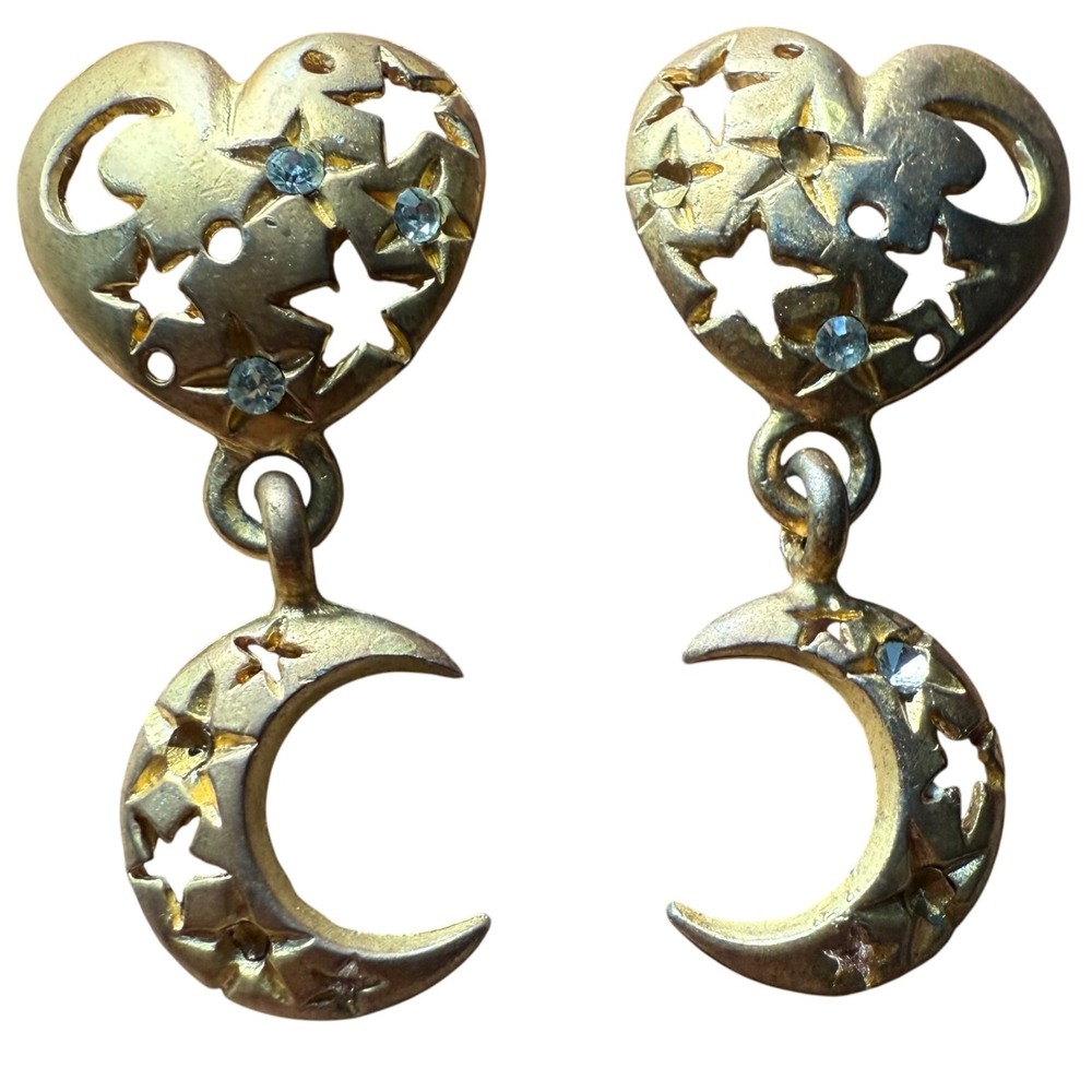 Vintage‎ Gold Heart Moon Star Dangle Earrings Rhinestone Celestial 80s 90s